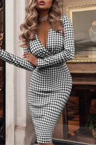 Black White Casual Print Patchwork V Neck Long Sleeve Dresses