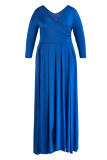 Vestidos azuis casuais de retalhos sólidos com decote em V e linha plus size