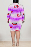 紫のセクシーなプリント中空パッチワーク O ネック ペンシル スカート ドレス