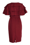 Burgundy Casual Elegant Solid Patchwork Flounce O Neck One Step Skirt Dresses