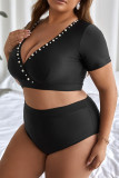 Schwarze, sexy, einfarbige, V-Ausschnitt-Badebekleidung in Übergröße (mit Polsterung)