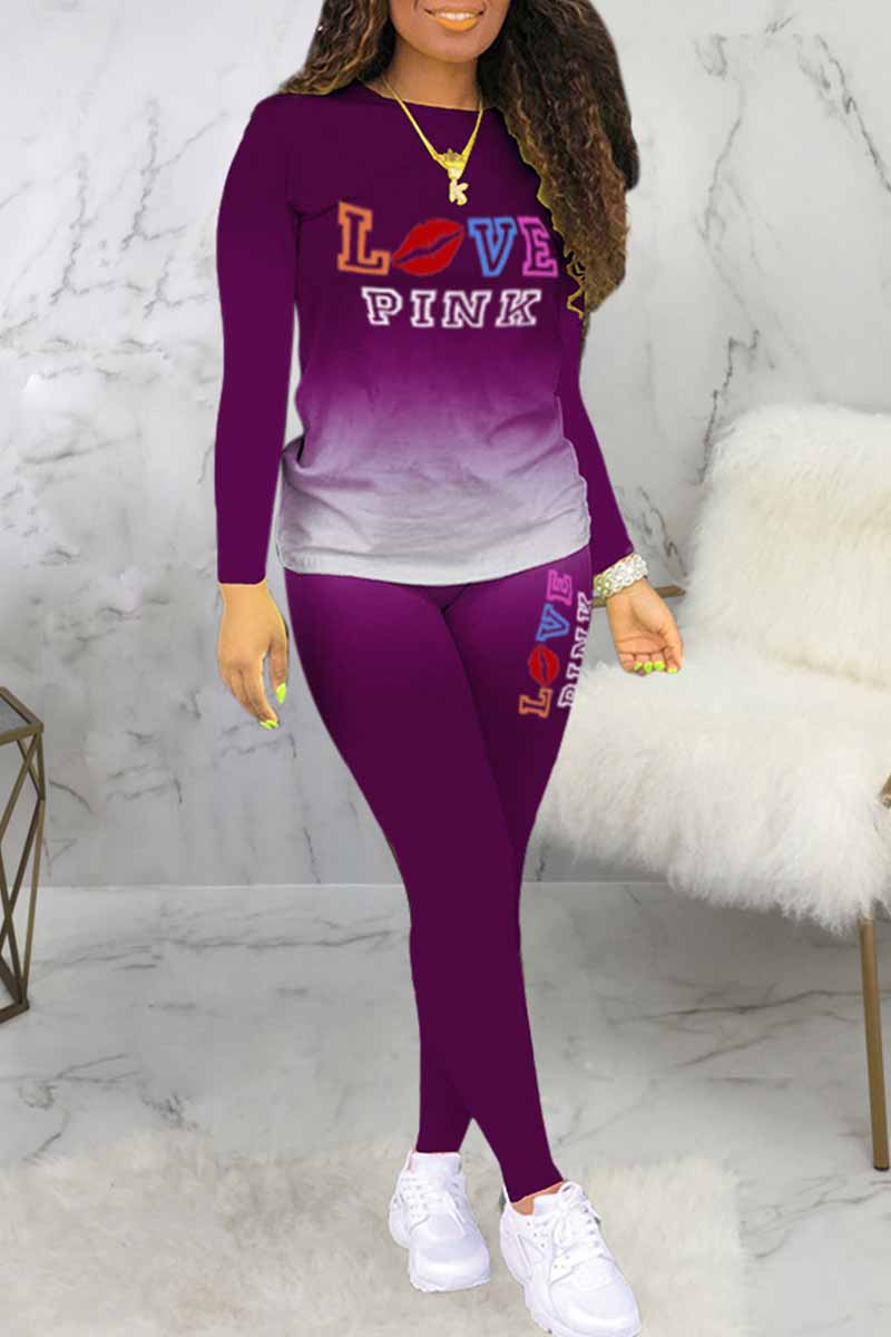

Purple Casual Gradual Change Print Letter O Neck Long Sleeve Two Pieces
