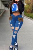 Mittelblaue, lässige, zerrissene Patchwork-Quaste mit hoher Taille und dünner Denim-Jeans