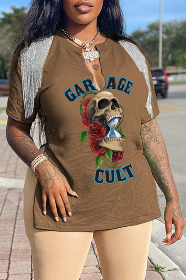 Koffie Daily Skull T-shirts met kwastjes en V-hals
