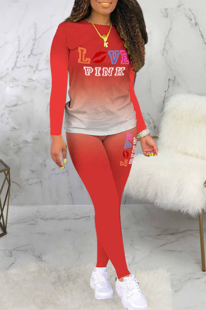 

Red Casual Gradual Change Print Letter O Neck Long Sleeve Two Pieces