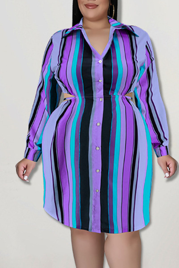 Paarse casual gestreepte print uitgeholde patchwork gesp turndown kraag overhemdjurk plus size jurken