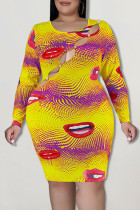 Robes de jupe crayon à col rond en patchwork à imprimé sexy jaune