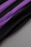紫のセクシーなストライプ プリント パッチワーク O ネック A ライン ドレス
