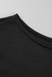 Vestidos pretos casuais lisos patchwork assimétrico com gola oblíqua