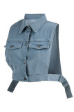 Light Blue Fashion Casual Patchwork Solid Hollowed Out Turndown Collar Tops