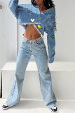 Ljusblå Casual Print Patchwork Cardigan Turndown-krage Långärmad vanlig jeansjacka