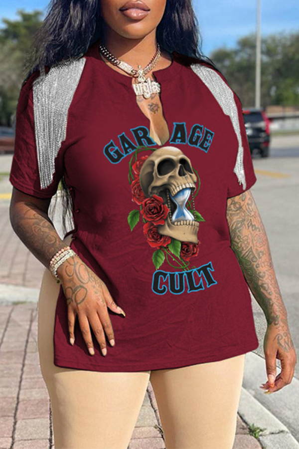 Camisetas Borgonha Daily Skull Tassel com decote em V