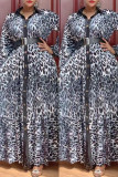 Коричневые повседневные платья с длинными рукавами и леопардовым принтом в стиле пэчворк с поясом и отложным воротником