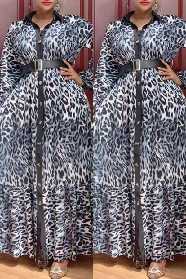 Gris Casual Estampado de leopardo Patchwork con cinturón Cuello vuelto Manga larga Vestidos