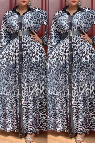 Vestidos de retalhos de leopardo estampa casual cinza com cinto gola virada para baixo