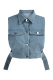 Light Blue Fashion Casual Patchwork Solid Hollowed Out Turndown Collar Tops
