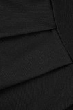 Vestidos pretos casuais lisos patchwork assimétrico com gola oblíqua
