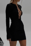黒のセクシーなソリッド包帯パッチワークVネックペンシルスカートドレス