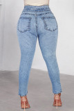 Babyblauwe casual gescheurde patchwork skinny jeans met hoge taille en print