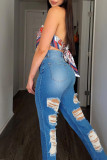 Baby Blue Casual Solid Ripped Patchwork Chains High Waist Skinny Denim Jeans