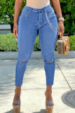 Mellanblå Casual Solid Ripped Patchwork-kedjor Skinny Jeans med hög midja