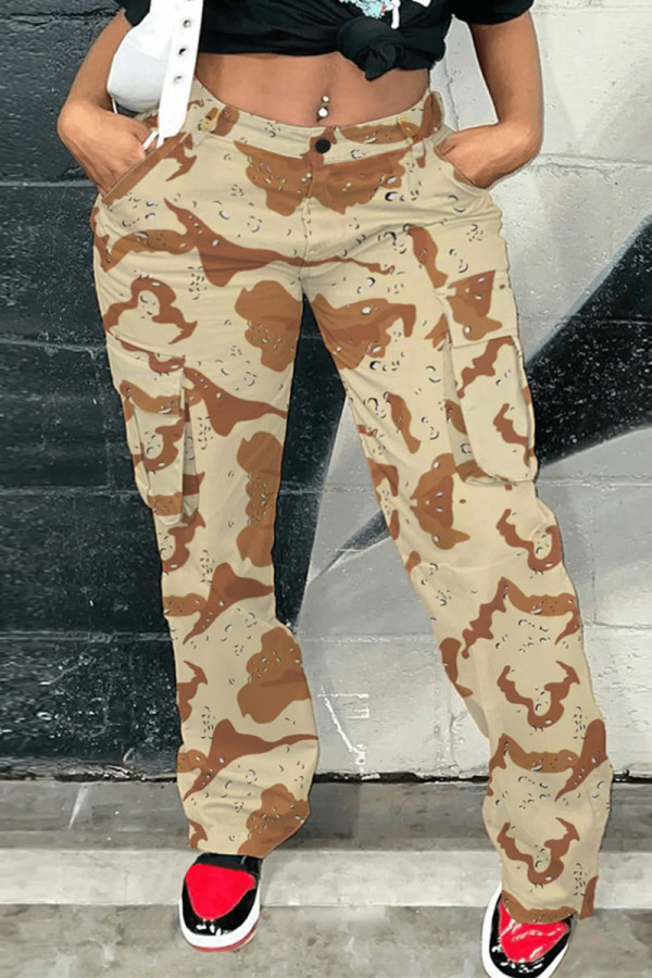 Abrikoos Mode Casual Camouflage Print Patchwork Hoge Taille Regular Denim Jeans