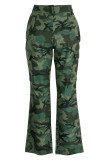 Aprikosenmode, lässig, Camouflage-Druck, Patchwork, hohe Taille, normale Denim-Jeans