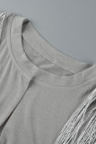 Grey Casual Street Print Tassel Patchwork V Neck T-Shirts