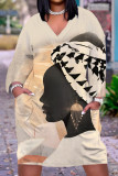 Vestidos de manga comprida branco preto moda casual estampa patchwork decote em v
