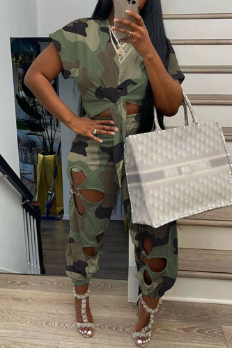Army Green Casual Camouflage Print Hollowed Out O Neck Plus Size Two Pieces