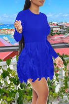 ブルー カジュアル ソリッド タッセル パッチワーク Oネック ワンステップ スカート ドレス