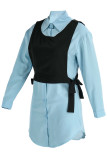 Light Blue Casual Simplicity Solid Patchwork Buckle Turndown Collar Long Sleeve Two Pieces