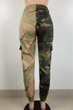 Army Green Casual Camouflage Print Patchwork Regular High Waist Trousers