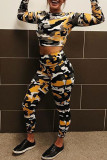Orange Casual Camouflage Print Patchwork Skinny High Waist Pencil Trousers