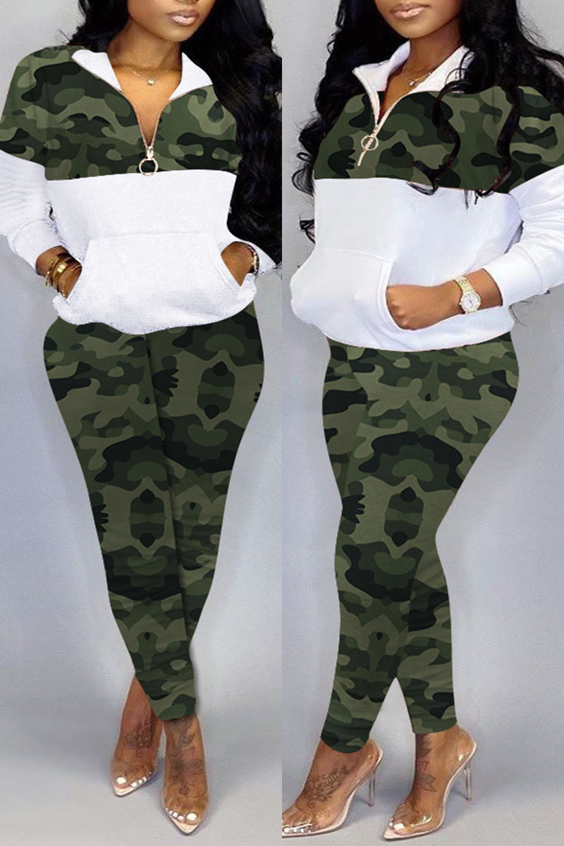 

Green Casual Camouflage Print Patchwork Zipper Collar Plus Size Two Pieces