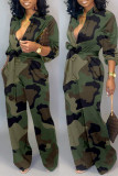 Blå Casual Camouflage Print Patchwork Turndown-krage Plus Size Jumpsuits