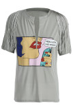 T-shirt con scollo a V patchwork con nappe stampate casual grigie