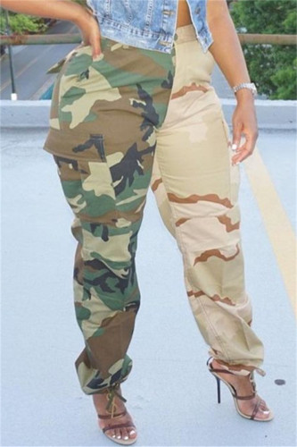 Army Green Casual Camouflage Print High Waist Pocket Cargo Pants