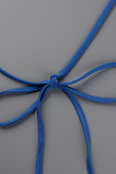 Azul sexy sólido patchwork frenillo hendidura cuello en V manga larga dos piezas