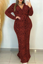 Vestidos bordô com estampa casual leopardo patchwork decote em v manga longa plus size