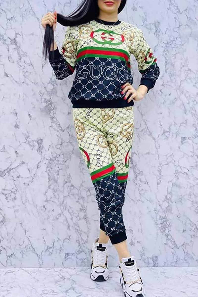 

Beige Casual Print Patchwork Letter O Neck Long Sleeve Two Pieces