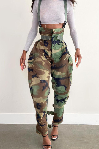 Green Casual Street Print Camouflage Print Patchwork Pocket Loose Pencil Full Print Bottoms