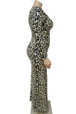 Albaricoque Estampado informal Leopardo Patchwork Cuello en V Manga larga Tallas grandes Vestidos