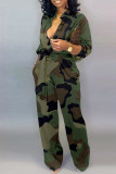 Blå Casual Camouflage Print Patchwork Turndown-krage Plus Size Jumpsuits