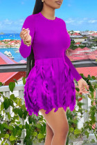 Фиолетовые повседневные платья с однотонной юбкой в ​​стиле пэчворк с круглым вырезом и кисточками