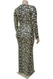Burgund Casual Print Leopard Patchwork V-Ausschnitt Langarm Kleider in Übergröße