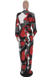 Red Casual Camouflage Print Patchwork Turndown Collar Plus Size Jumpsuits