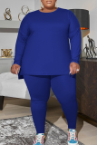 Peacock Blue Casual Solid Patchwork O Neck Plus Size Two Pieces