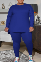 Blue Casual Solid Patchwork O Neck Plus Size Two Pieces