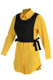Yellow Casual Simplicity Solid Patchwork Buckle Turndown Collar Long Sleeve Two Pieces